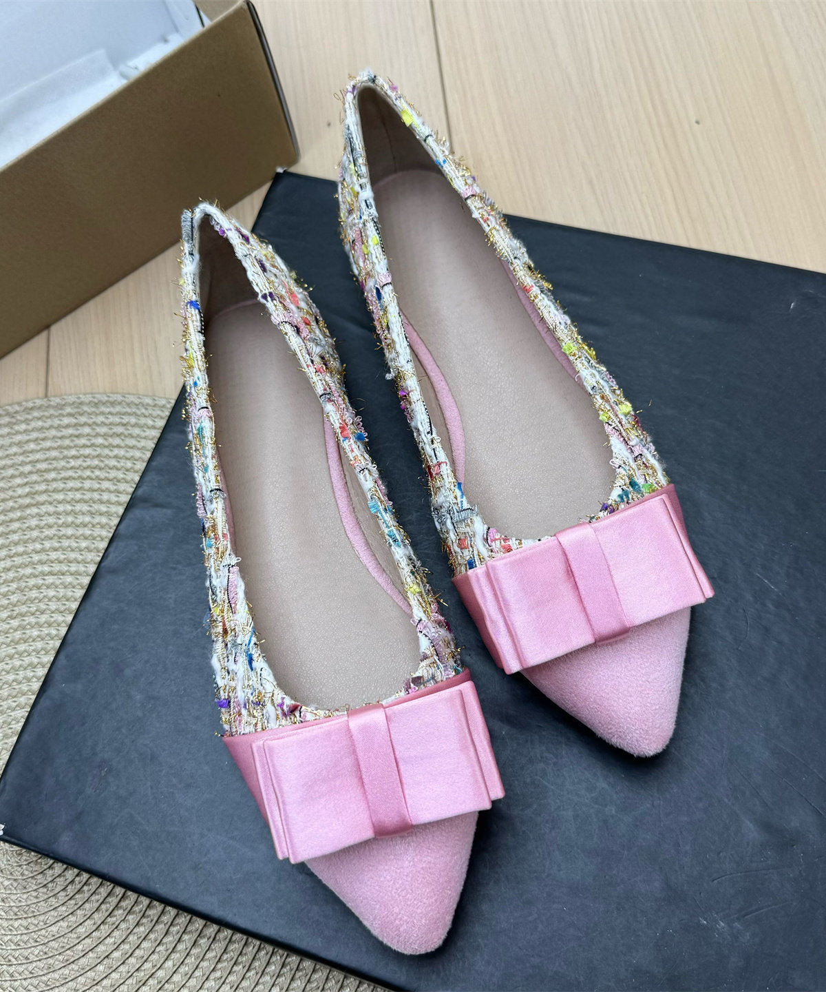 Pink Cotton Fabric Chic Splicing Bow Flat Feet Shoes Pointed Toe