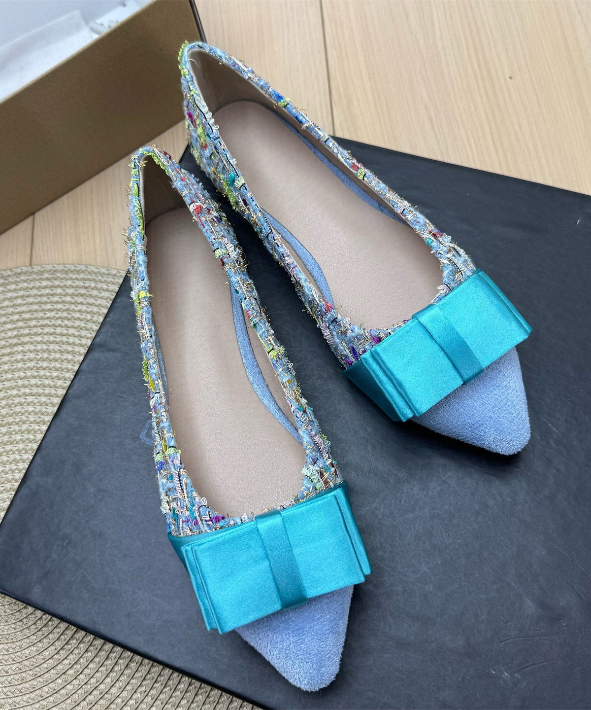 Pink Cotton Fabric Chic Splicing Bow Flat Feet Shoes Pointed Toe
