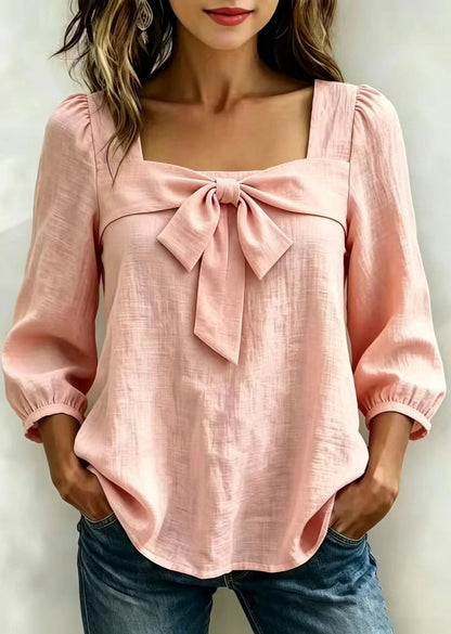 Pink Cotton Shirts Bow Square Collar Long Sleeve
