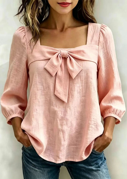 Pink Cotton Shirts Bow Square Collar Long Sleeve