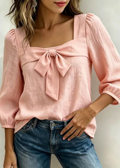 Pink Cotton Shirts Bow Square Collar Long Sleeve