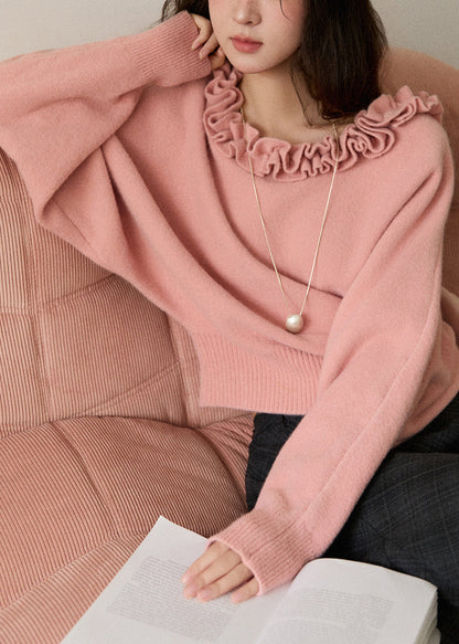 Pink Cozy Knit Sweater Ruffled Batwing Sleeve