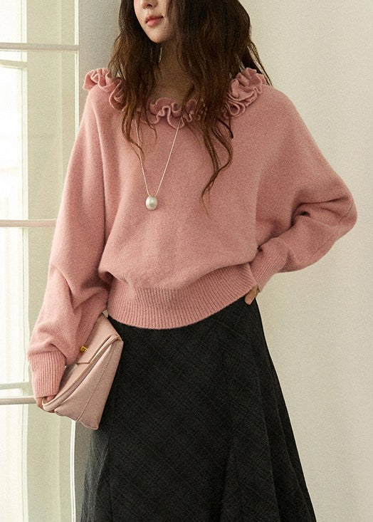 Pink Cozy Knit Sweater Ruffled Batwing Sleeve