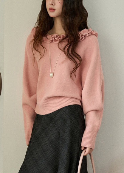 Pink Cozy Knit Sweater Ruffled Batwing Sleeve