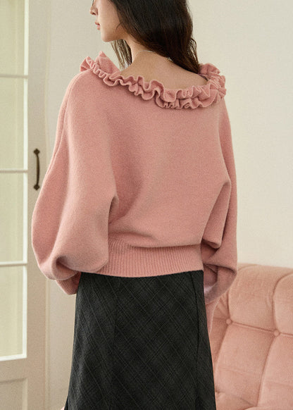 Pink Cozy Knit Sweater Ruffled Batwing Sleeve