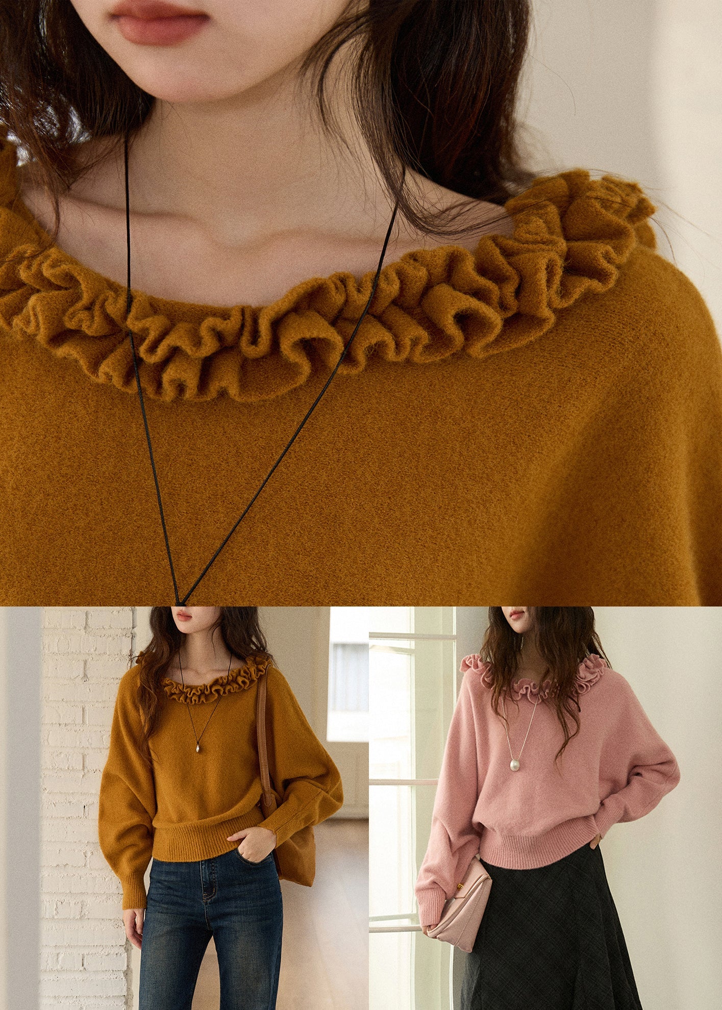 Pink Cozy Knit Sweater Ruffled Batwing Sleeve