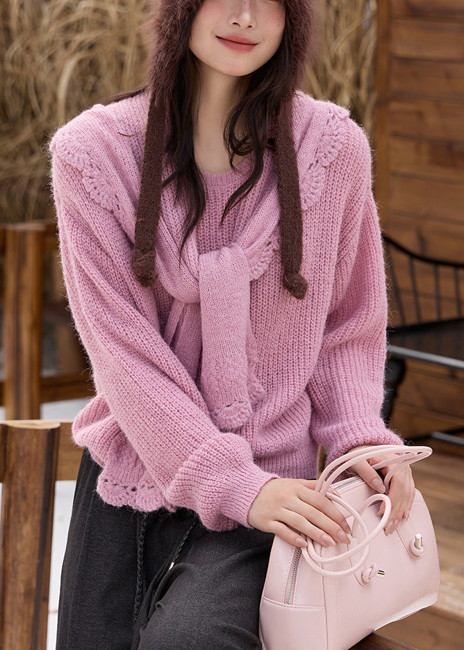 Pink Cozy Solid Cotton Knit Sweaters And Shawl Two Piece Set Spring