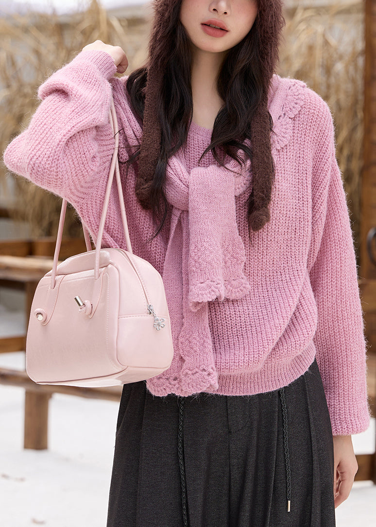 Pink Cozy Solid Cotton Knit Sweaters And Shawl Two Piece Set Spring