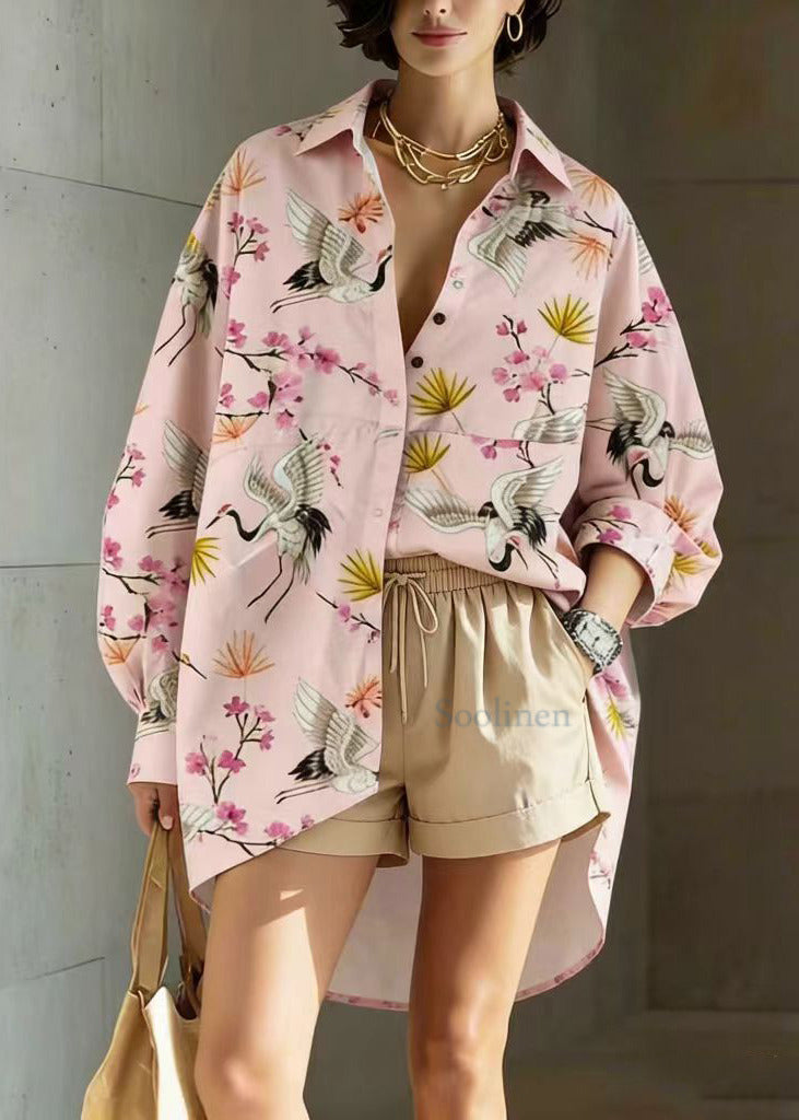 Pink Crane Peter Pan Collar Low High Design Cotton Shirt Long Sleeve