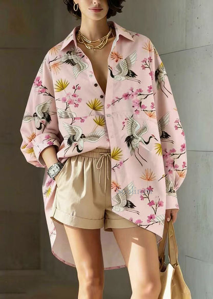 Pink Crane Peter Pan Collar Low High Design Cotton Shirt Long Sleeve