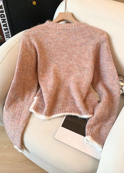 Pink False Two Pieces Patchwork Knit Sweater O-Neck