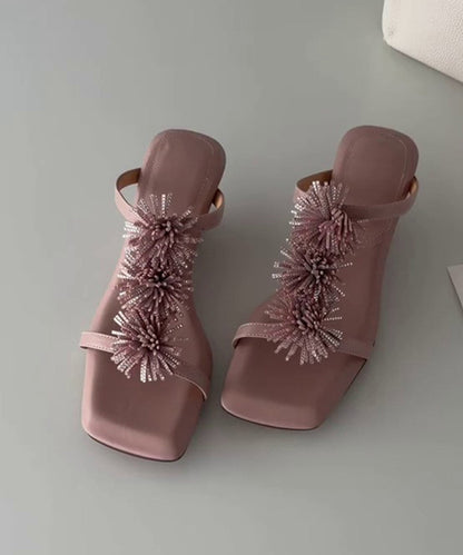 Pink Faux Leather Floral Zircon Splicing Slide Sandals
