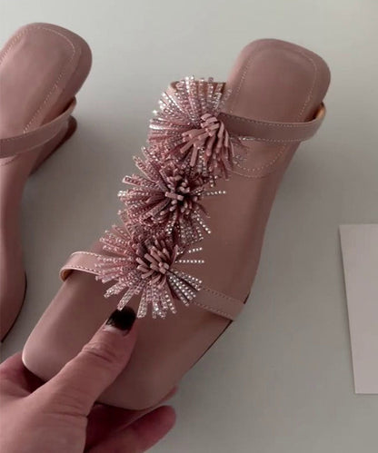 Pink Faux Leather Floral Zircon Splicing Slide Sandals