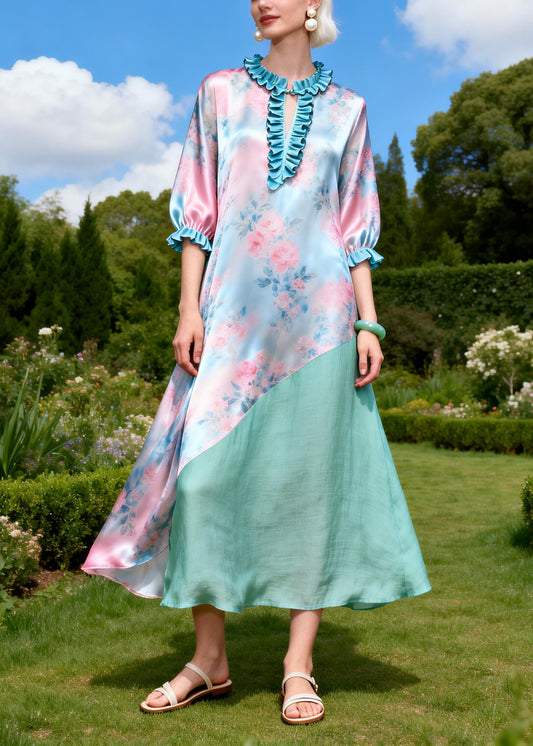 Pink Floral Patchwork Linen Silk Dress Ruffled Summer