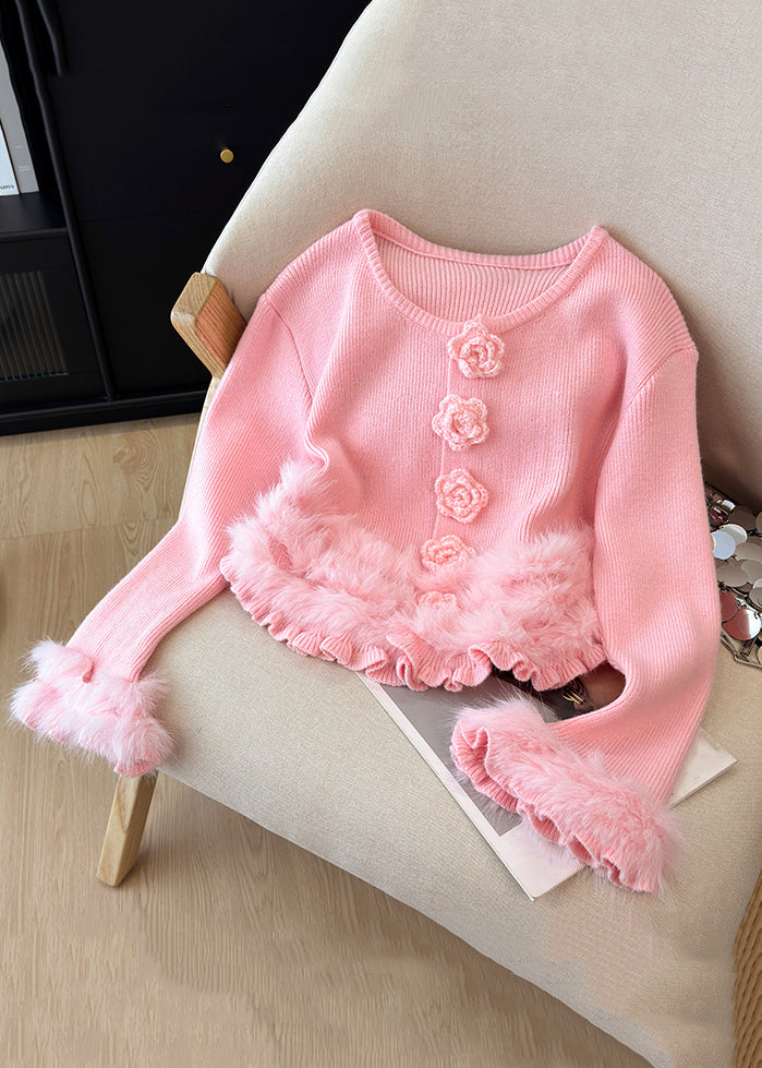 Pink Fluffy Floral Patchwork Knit Winter Sweater O Neck