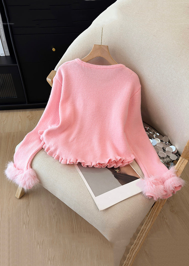 Pink Fluffy Floral Patchwork Knit Winter Sweater O Neck