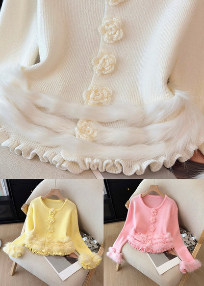 Pink Fluffy Floral Patchwork Knit Winter Sweater O Neck