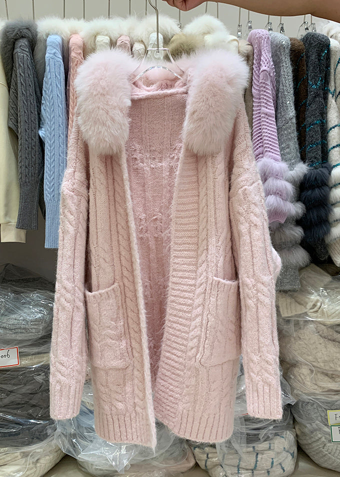 Pink Fox Collar Pockets Patchwork Cable Knit Cardigan Hooded