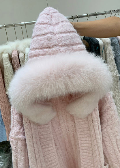 Pink Fox Collar Pockets Patchwork Cable Knit Cardigan Hooded