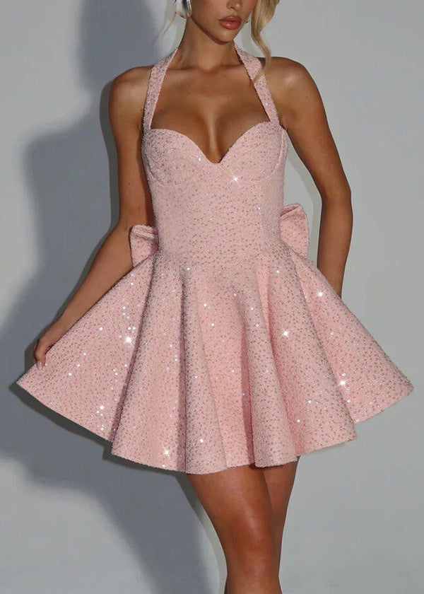 Pink Halter Patchwork Vacation Mid Dress Summer