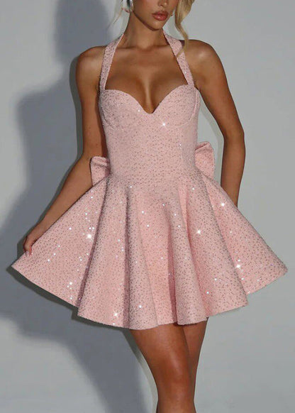 Pink Halter Patchwork Vacation Mid Dress Summer