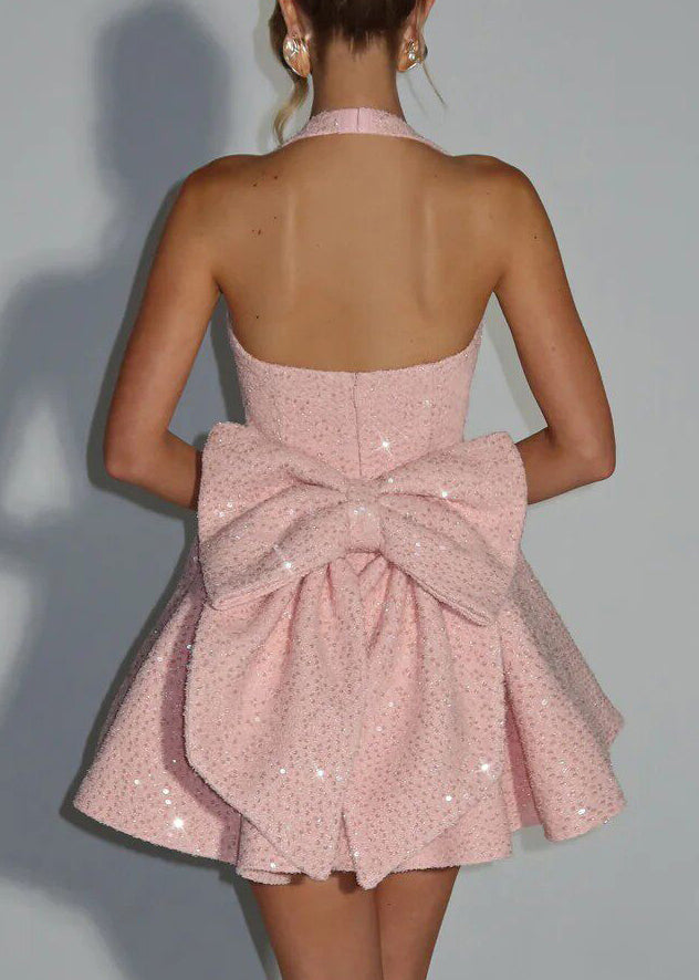 Pink Halter Patchwork Vacation Mid Dress Summer
