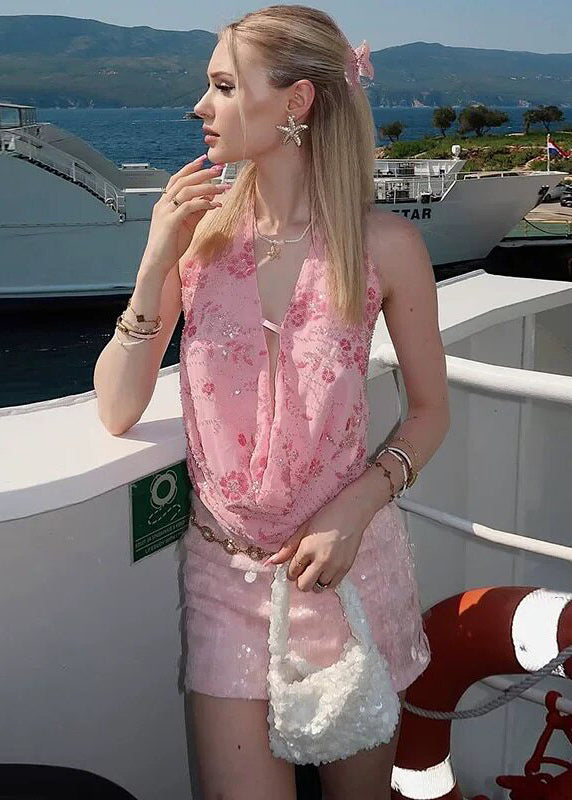 Pink Halter Sequins Embroideried Vest Sleeveless