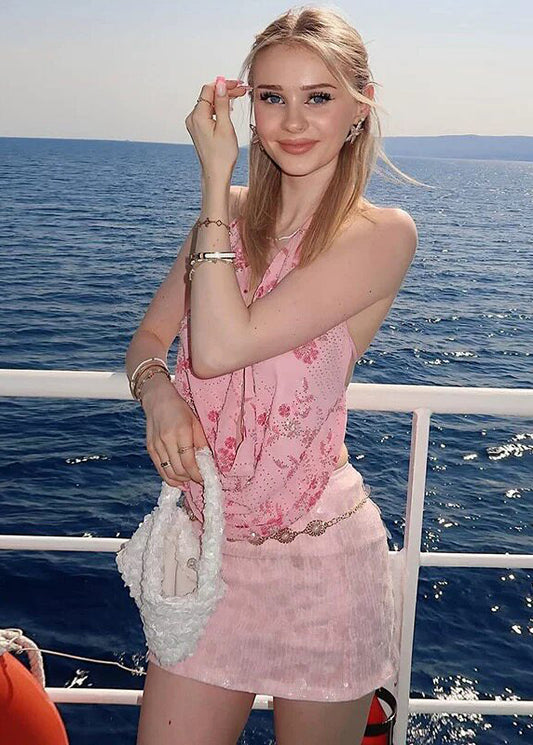 Pink Halter Sequins Embroideried Vest Sleeveless