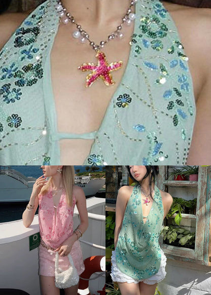 Pink Halter Sequins Embroideried Vest Sleeveless