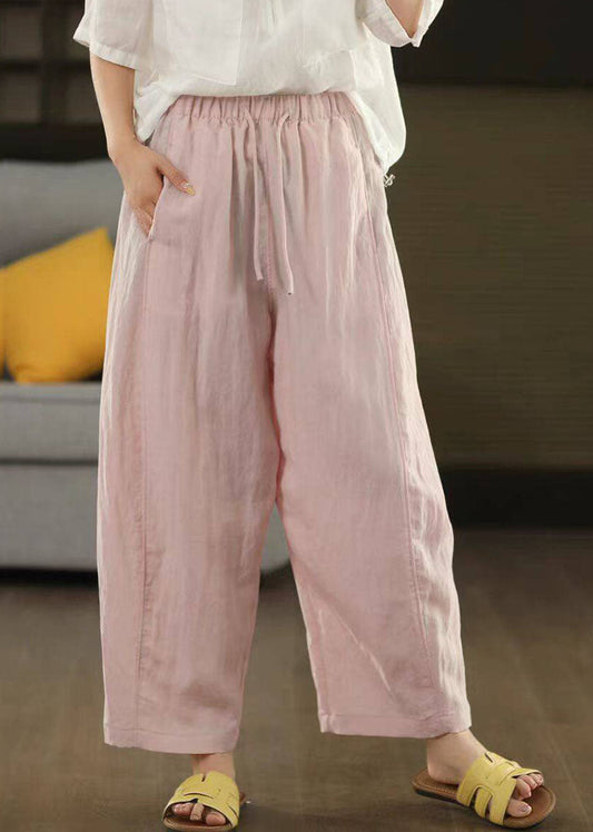 Pink Hollow Out Drawstring Solid Harem Pants