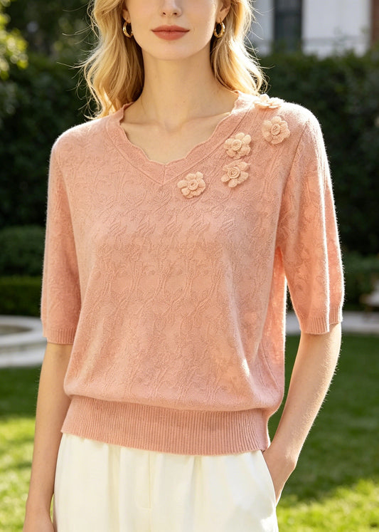 Pink Jacquard Knit Shirt Top Stereoscopic Floral Summer