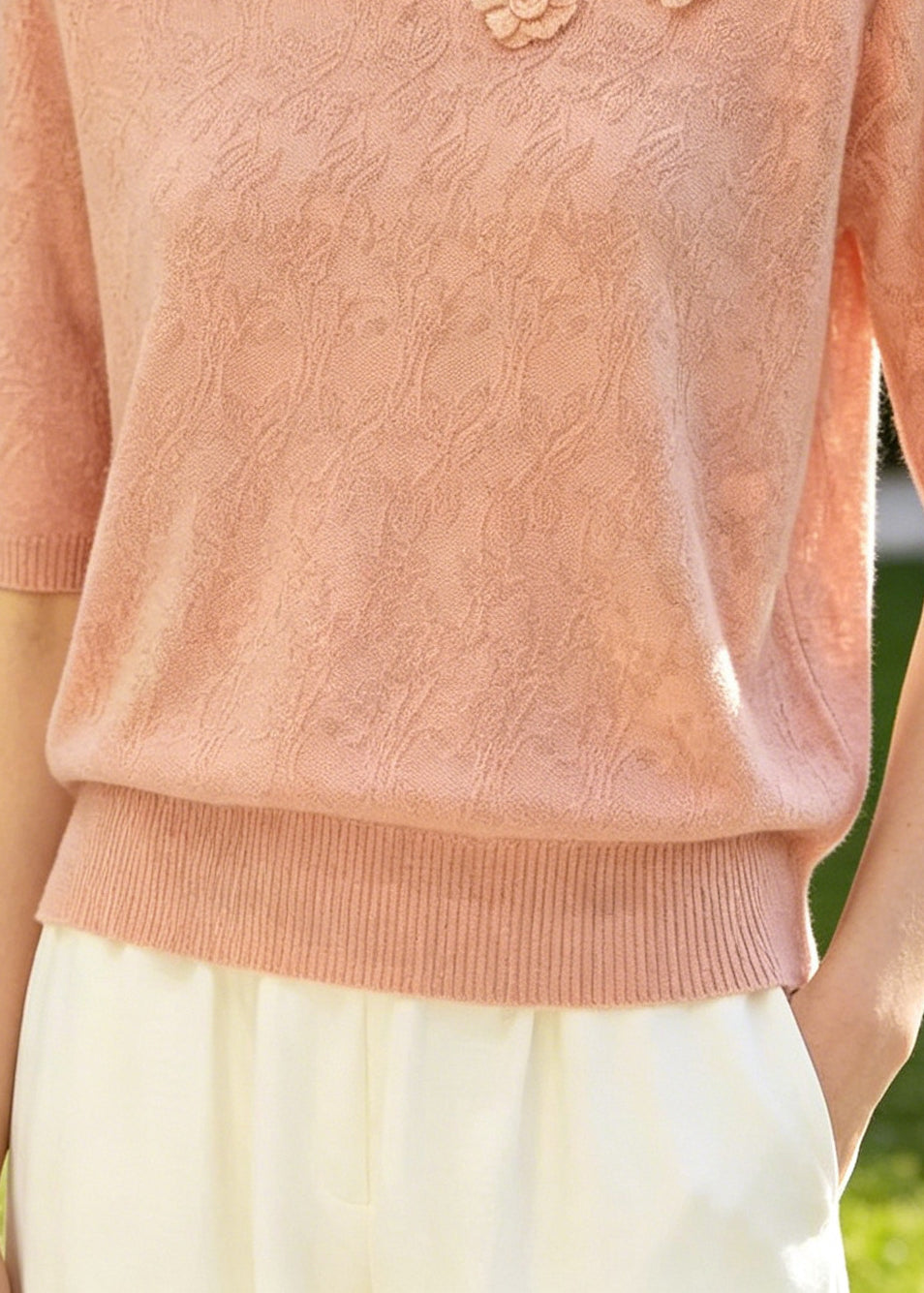 Pink Jacquard Knit Shirt Top Stereoscopic Floral Summer