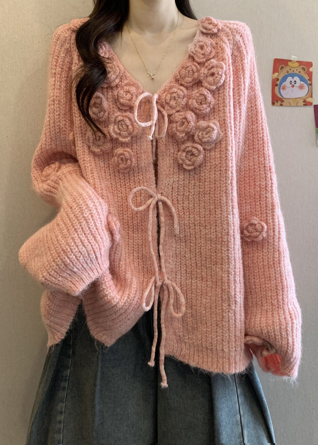Pink Lace Up Cozy Cotton Knit Winter Cardigan V Neck