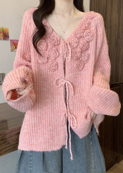 Pink Lace Up Cozy Cotton Knit Winter Cardigan V Neck