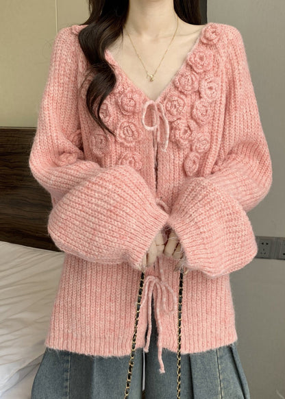 Pink Lace Up Cozy Cotton Knit Winter Cardigan V Neck