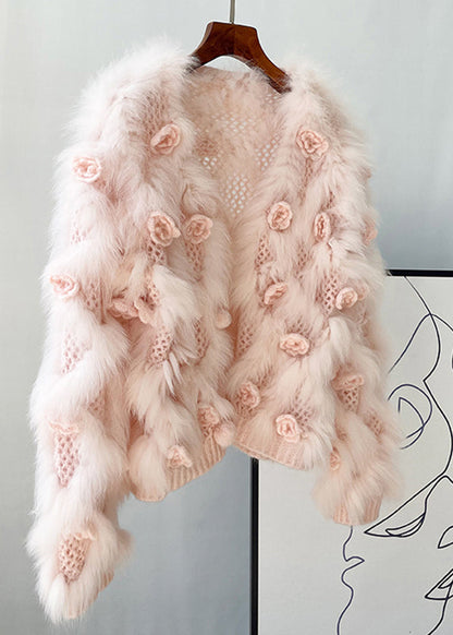 Pink Mink Hair Knitted Coats V Neck Winter