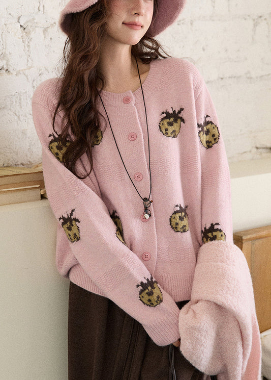 Pink O-Neck Patchwork Cotton Knit Cardigans Spring