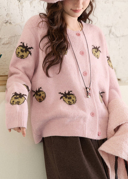 Pink O-Neck Patchwork Cotton Knit Cardigans Spring