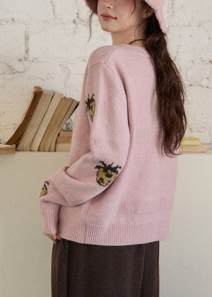 Pink O-Neck Patchwork Cotton Knit Cardigans Spring