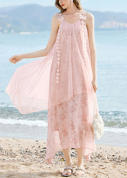 Pink O-Neck Tassel Silk Long Spaghetti Strap Dress Summer