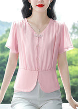Load image into Gallery viewer, Pink Patchwork Chiffon Top V Neck Wrinkled Summer