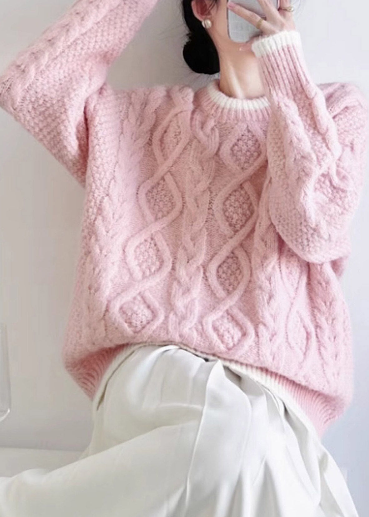 Pink Patchwork Cozy Cotton Knit Sweater Long Sleeve