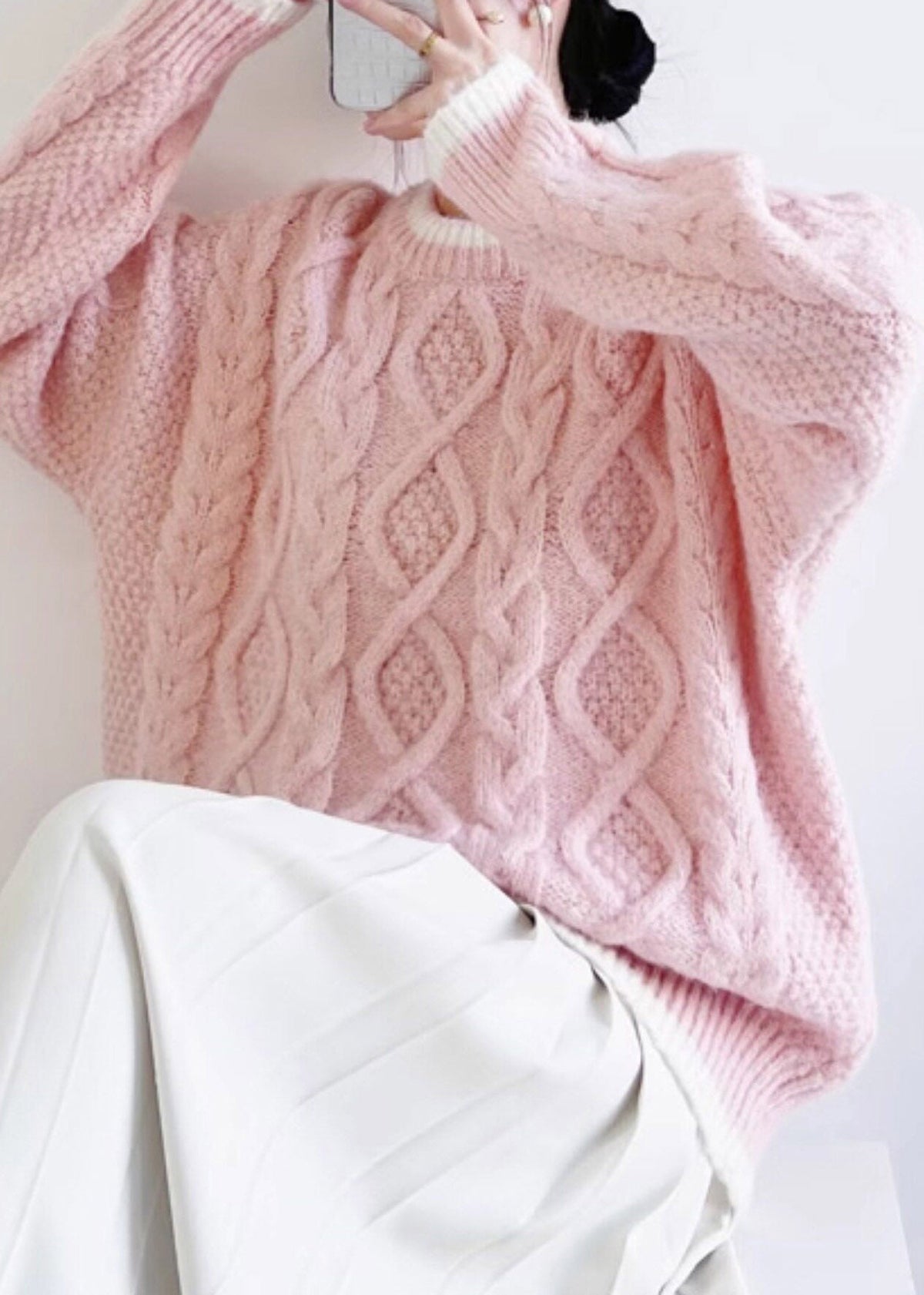 Pink Patchwork Cozy Cotton Knit Sweater Long Sleeve