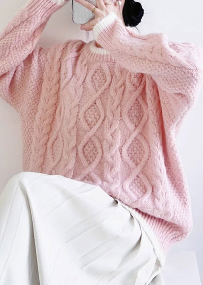 Pink Patchwork Cozy Cotton Knit Sweater Long Sleeve