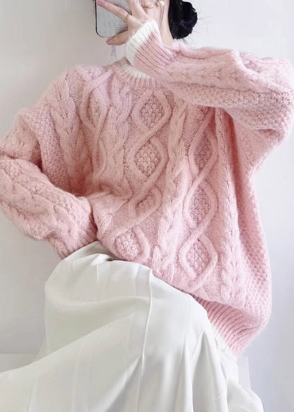 Pink Patchwork Cozy Cotton Knit Sweater Long Sleeve