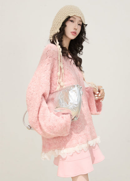 Pink Patchwork Cozy Knitted Tops Hollow Out Winter