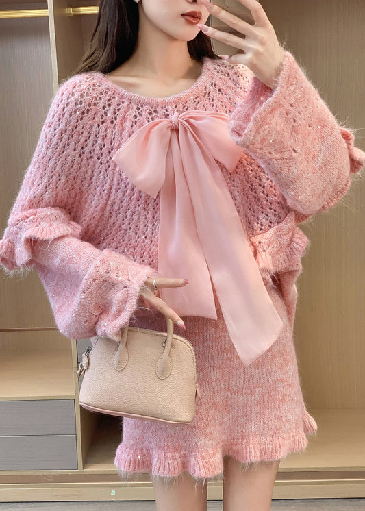 Pink Patchwork Knit Two Pieces Set Ruffled Bow Spring
