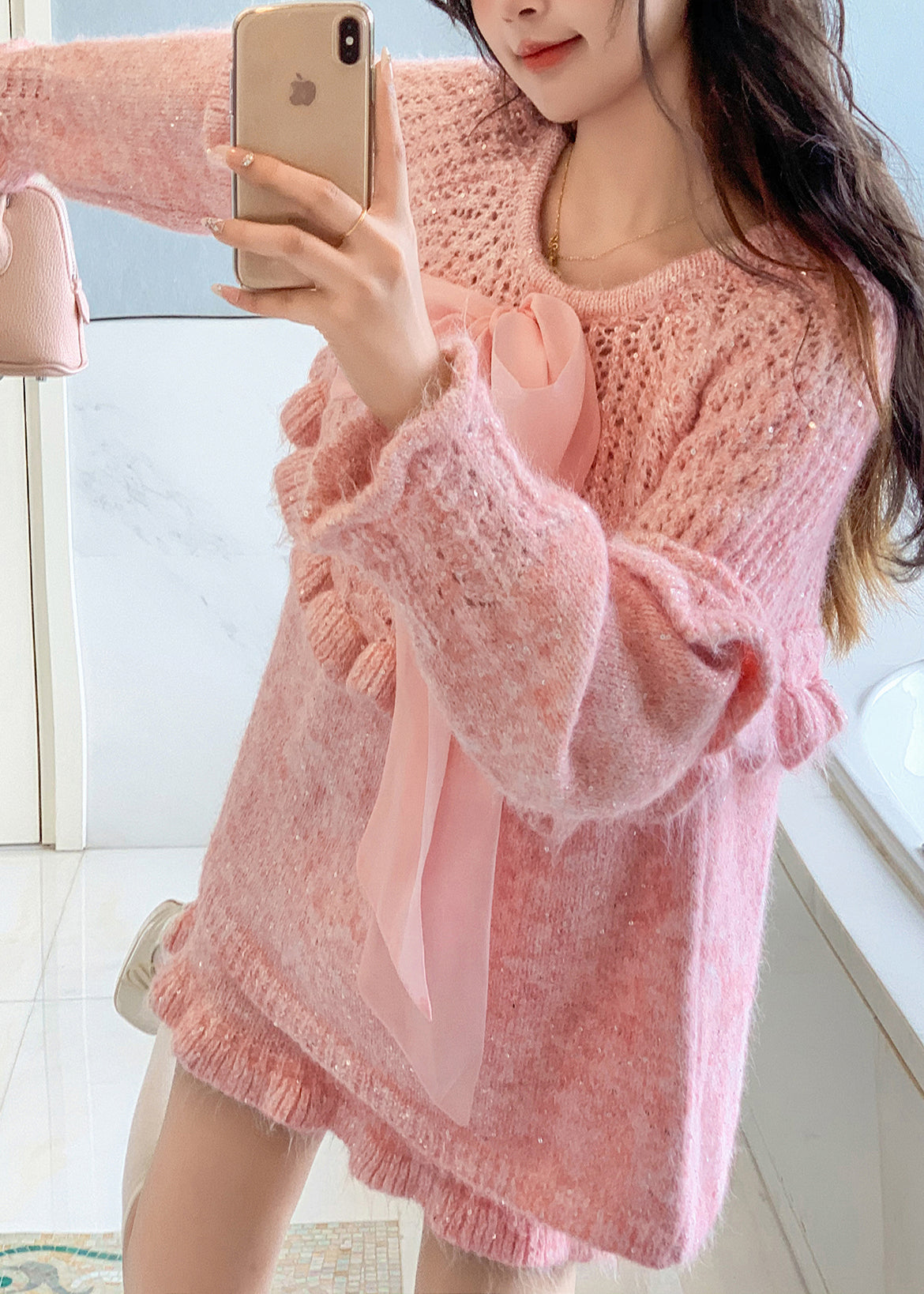 Pink Patchwork Knit Two Pieces Set Ruffled Bow Spring