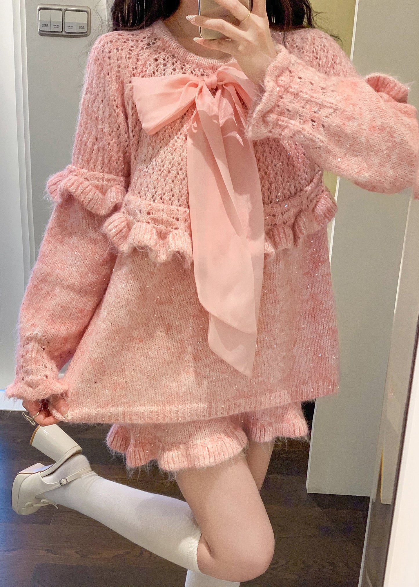 Pink Patchwork Knit Two Pieces Set Ruffled Bow Spring