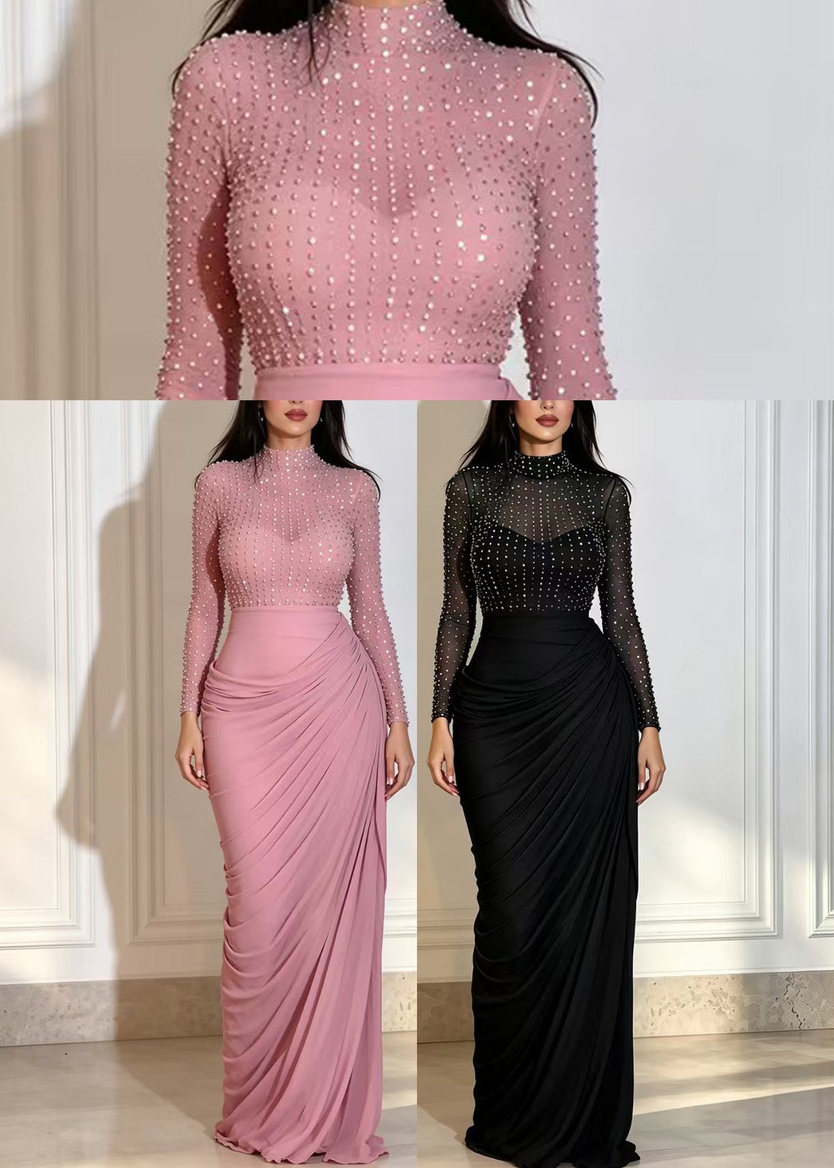 Pink Patchwork Mesh Dress Hign Neck Rhinestone Ruched Long sleeve